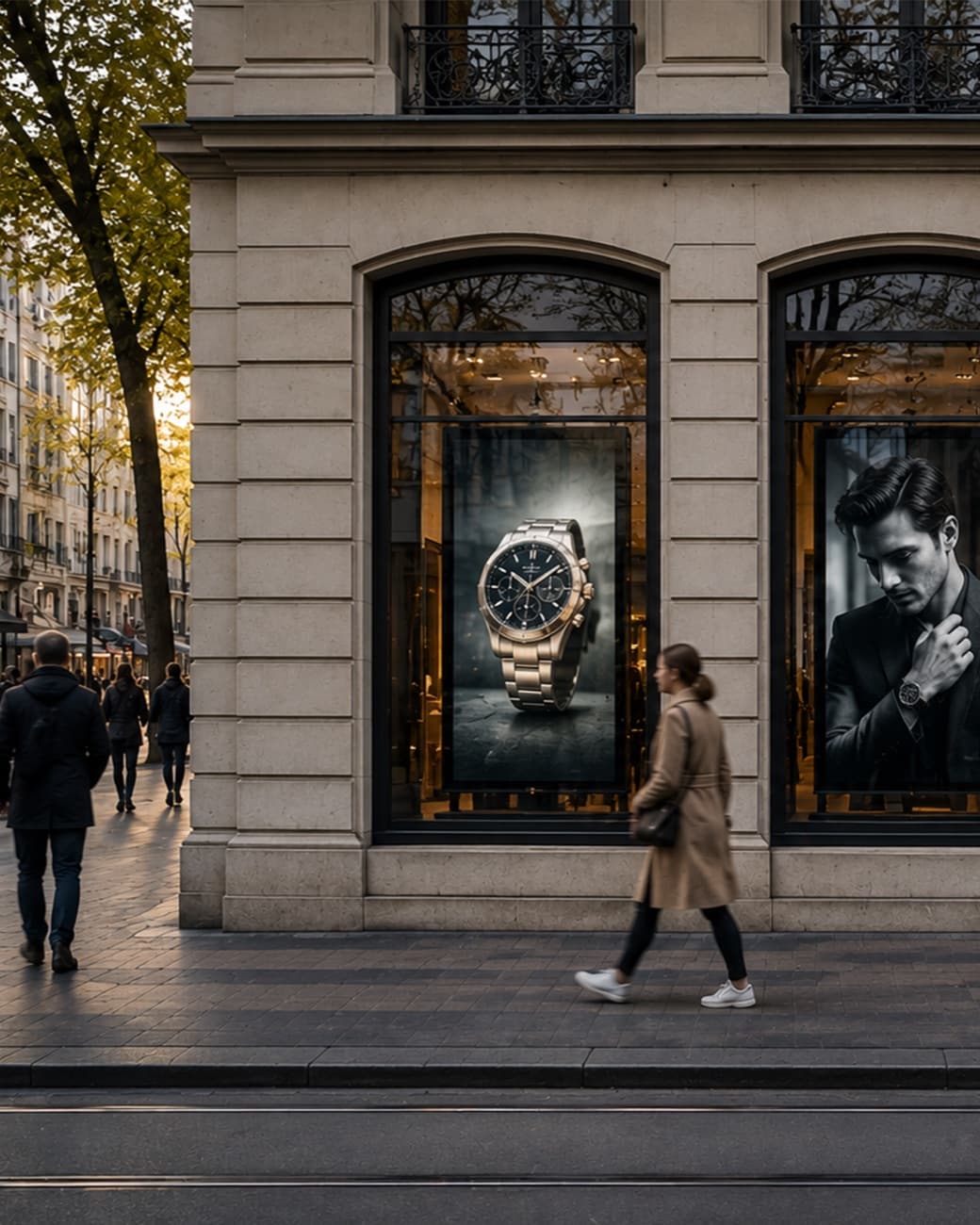 Digital Window screens behind a premium Zürich shop window